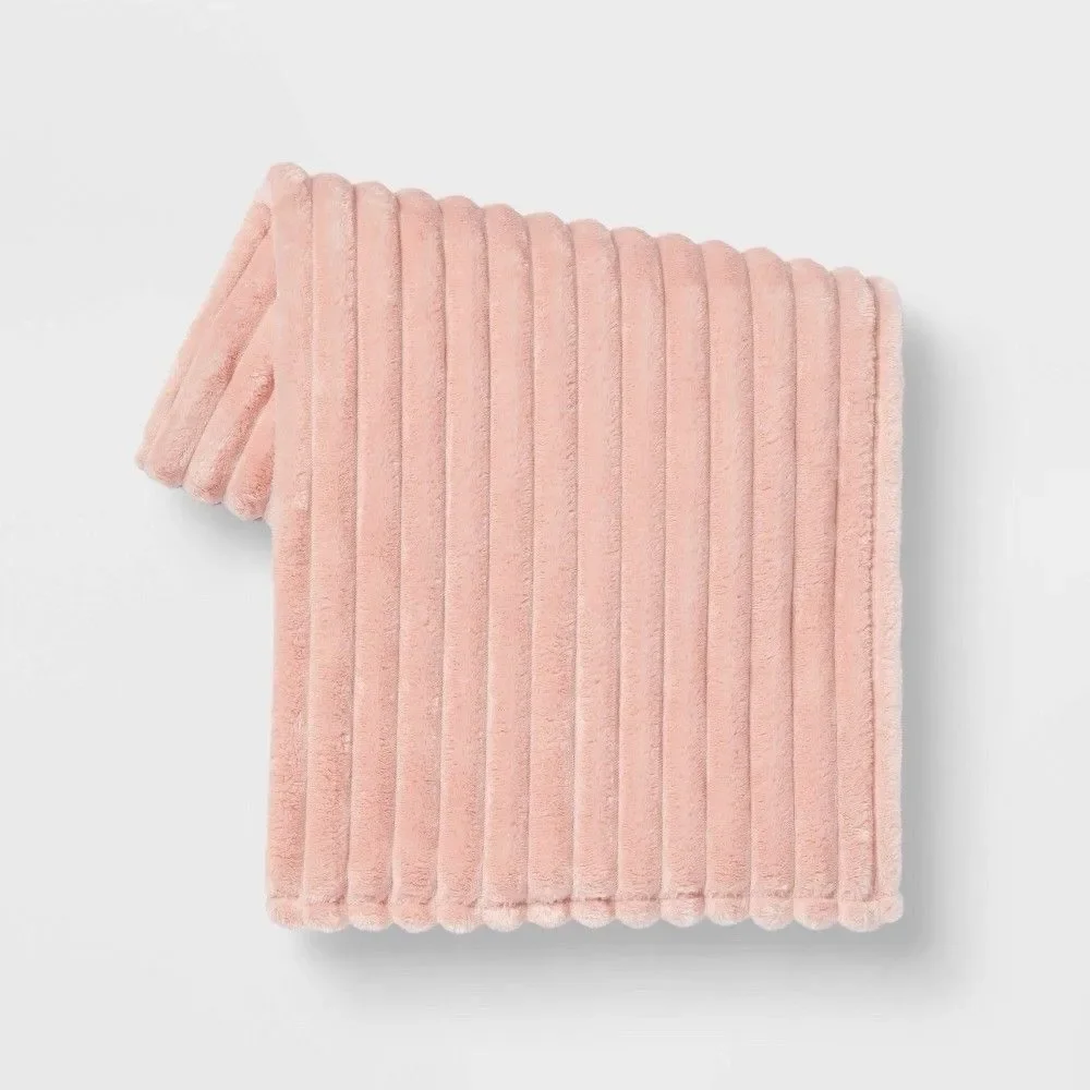 Room Essentials Blush Ribbed Plush Throw Blanket Soft Flannel New